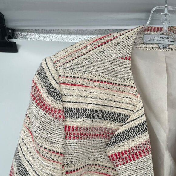 TAHARI Womens Textured Striped Blazer Open Front Cream/Multi Size 16 Pockets - Picture 5 of 9